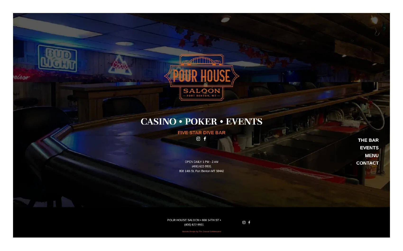 Pour House Saloon website showing its dark bar and events design