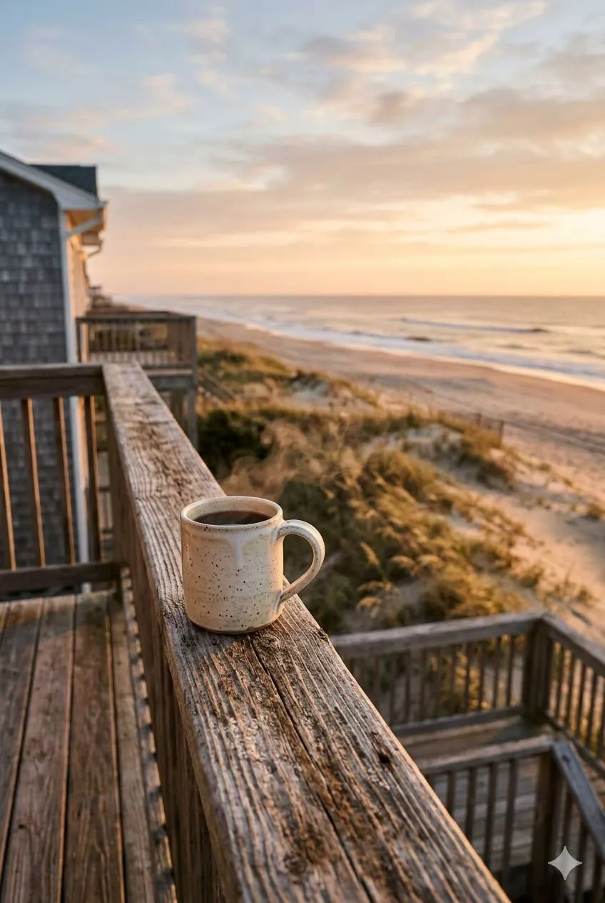 A coffee mug on a beach deck overlooking the sunrise coastline